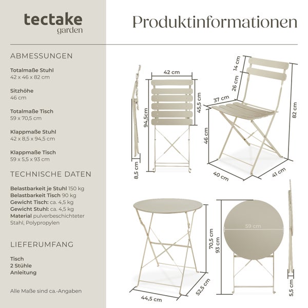 Bistrotisch Set tectake Frieda Belastbarkeit Stuhl 120 kg für 2 Personen creme