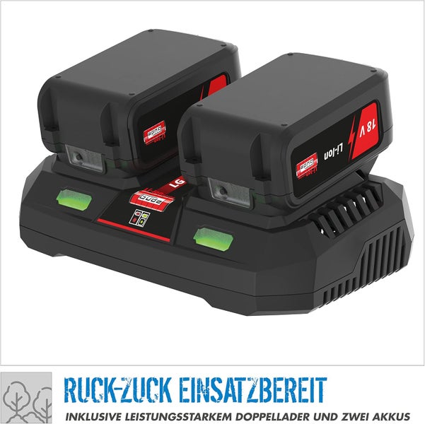Güde Doppelladegerät mit zwei 18 Volt Lithium-Ionen-Akkus.