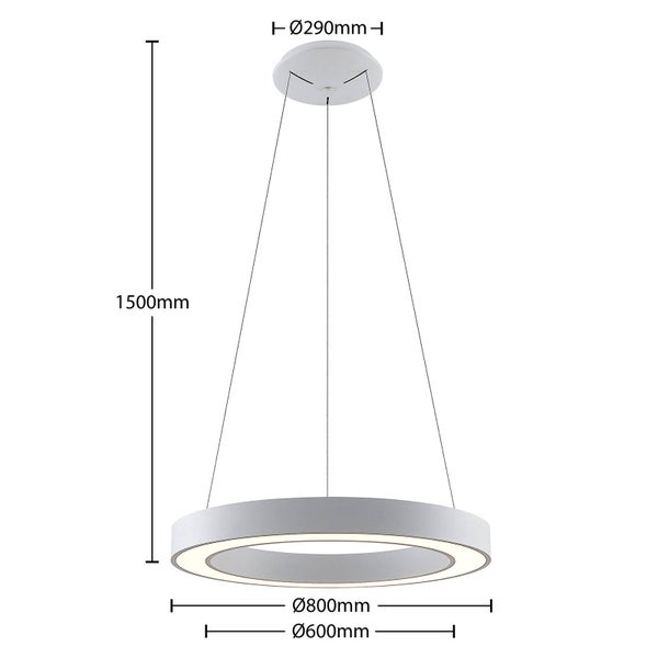 Maße der runden LED-Pendelleuchte: Höhe 1500 Millimeter, Baldachin 290 Millimeter, Außenring 800 Millimeter, Innenring 600 Millimeter.