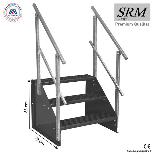 Metalltreppe mit 3 Stufen und beidseitigem Handlauf, Höhe 63 Zentimeter, Tiefe 72 Zentimeter. SRM Design Logo, EN 1090-1 zertifiziert, CE-Zeichen.