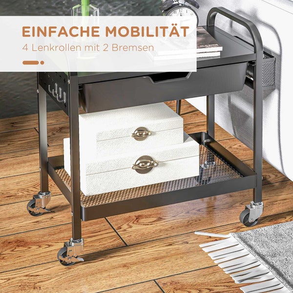 HOMCOM Servierwagen, Rollwagen mit 1 Schublade, 1 Ablage, Aufbewahrungswagen Beistellwagen mit Haken, Küchenwagen für Küche, Wohnzimmer, Stahl, Schwarz