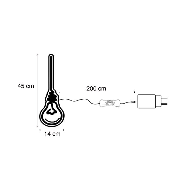 Maßzeichnung einer LED Dekoleuchte in Glühlampenform mit 45 Zentimeter Höhe und 14 Zentimeter Breite sowie 200 Zentimeter Zuleitung mit Netzstecker.
