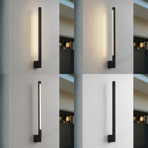Schlanke schwarze LED-Wandleuchte dargestellt mit direktem, indirektem und ausgeschaltetem Licht an einer Wand.