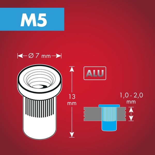 M5 Blindnietmutter aus Aluminium: Durchmesser 7 Millimeter, Länge 13 Millimeter, Klemmbereich 1,0 bis 2,0 Millimeter.