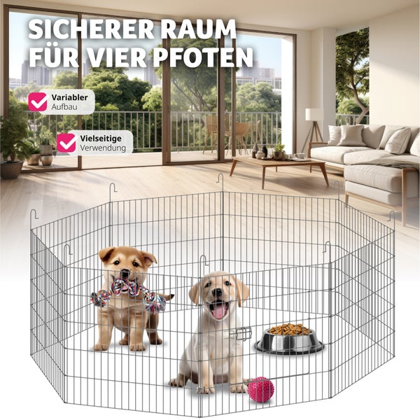 Illustration der Türverriegelung, Steckverbinder, Schutznetz und stapelbaren Seitenteile eines Tiergeheges.