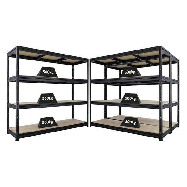 Zwei schwarze Schwerlastregale mit jeweils drei Regalböden, die mit Gewichten von 500 kg belastet sind.