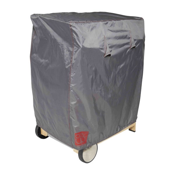 Graue Wetterschutzhülle für Grillwagen oder Gartenmöbel aus Synthetikgewebe mit roten Nähten und Cov up Logo.