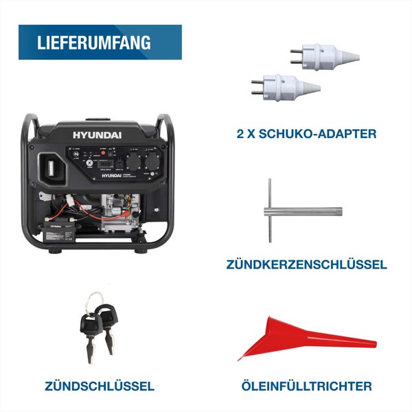 Lieferumfang Hyundai Inverter Stromerzeuger mit zwei Schuko-Adaptern, Zündkerzenschlüssel, Zündschlüsseln und Öleinfülltrichter.