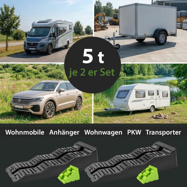 Auffahrkeile Set mit 5 Tonnen Tragkraft für Wohnmobile, PKW und Anhänger, inklusive Unterlegkeilen für sicheren Halt.