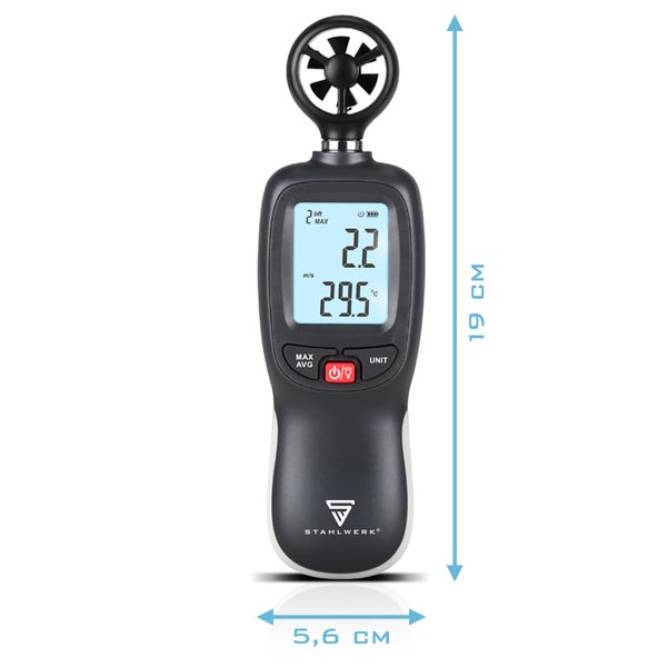 Anemometer zur Windmessung mit den Massen 19 cm Höhe und 5,6 cm Breite