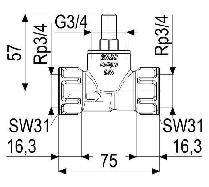 Technische Zeichnung eines Ventils mit Nennweite 20, 75 Millimeter Länge, 57 Millimeter Höhe, Schlüsselweite 31 und Gewinden G 3/4 sowie Rp 3/4.