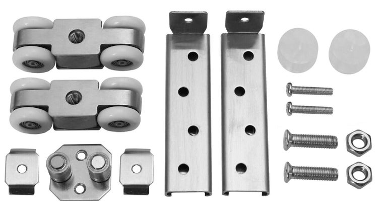 Set mit Rollwagen und Halterungen für Schiebetüren bestehend aus Metallschienen Rollen und Befestigungsmaterial zur Montage von Schiebetürsystemen