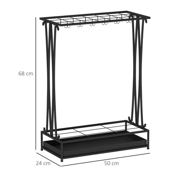 HOMCOM Regenschirmständer Stahl Schirmständer Rechteckiger Schirmhalter mit 24 Haken, 21 Löchern, herausnehmbare Wasserauffangschale für Gehstöcke & Regenschirme 50 x 24 x 68 cm Schwarz