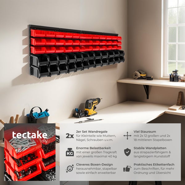 2er Set Wandregal Stapelboxen tectake  2 stabile Wandplatten mit je 64 x 38 x 17,5 cm 62-teilig schwarz