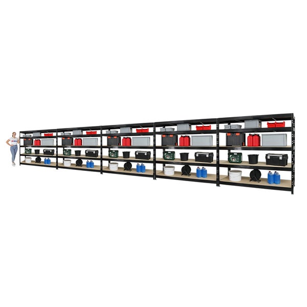 PROREGAL Mega Deal 5x Profi Schwerlastregal Rhino HxBxT 180 x 200 x 60 cm 5 Spanplatten-Ebenen 8mm Fachlast 500 kg Schwarz