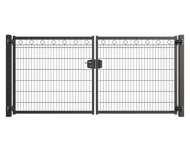 Doppeltor aus Metall mit Gitter und Schloss