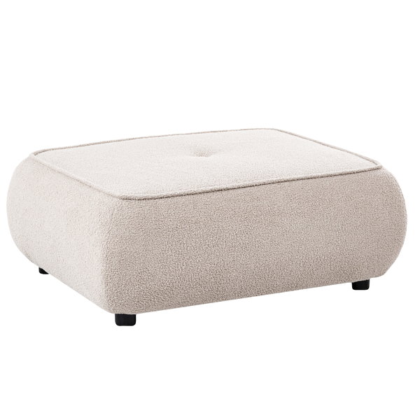 Polsterhocker mit cremefarbenem Bouclé-Bezug, rechteckig mit abgerundeten Ecken, Knopfheftung und schwarzen Standfüßen.