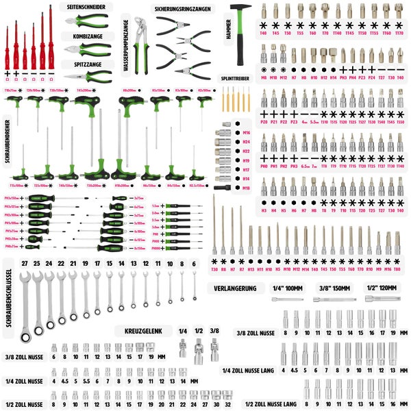 Werkzeugwagen tectake  bestückt, 1599-teilig, 7 kugelgelagerte Schubladen Rollen Ø 124 mm, Inklusive Kniebrett