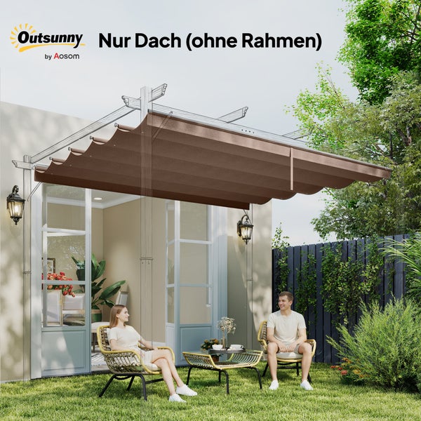 Outsunny Ersatzdach für Pergola, braunes Stoffdach auf einer Terrasse mit Gartenmöbeln und Personen, der Metallrahmen ist nicht im Lieferumfang enthalten.