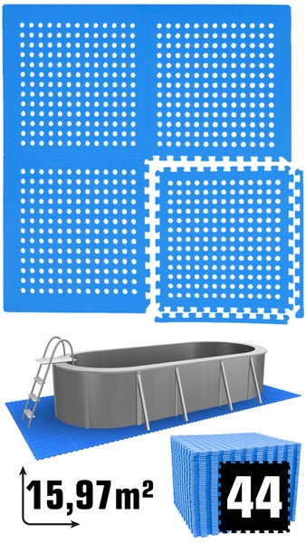 Pool Bodenschutzmatten Set bestehend aus 44 gelochten Puzzlematten für eine Gesamtfläche von 15,97 Quadratmeter unter einem ovalen Aufstellpool.