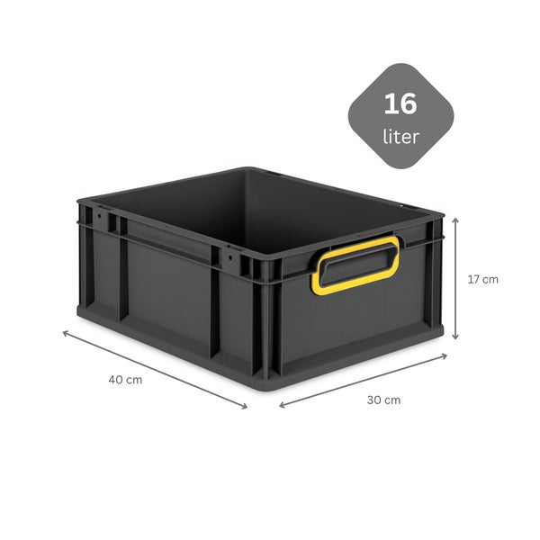 PROREGAL SuperSparSet 5x Eurobox NextGen Color mit Scharnierdeckel und Schiebeschnappverschlüssen, HxBxT 17x30x40cm, 16 Liter, Schwarz, Griffe gelb geschlossen, Eurobehälter, Transportbox, Transportbehälter, Stapelbehälter
