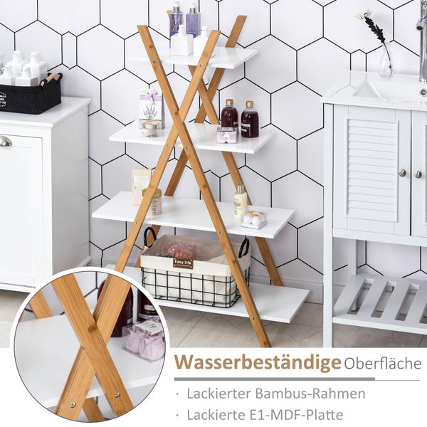 kleankin Badregal Standregal 4 Ebenen Treppenregal Leiterregal Badezimmer Bambus Natur+Weiß 80 x 33 x 109 cm