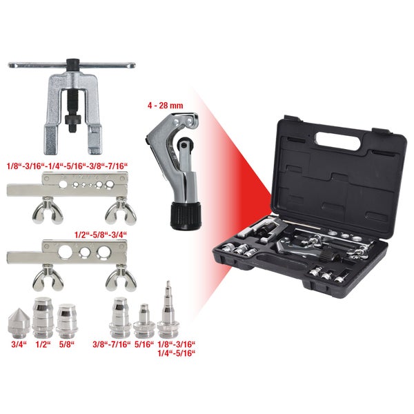 Bördelgerät Set mit Rohrabschneider für 4 bis 28 Millimeter und verschiedene Zoll-Größen, inklusive schwarzem Kunststoffkoffer.