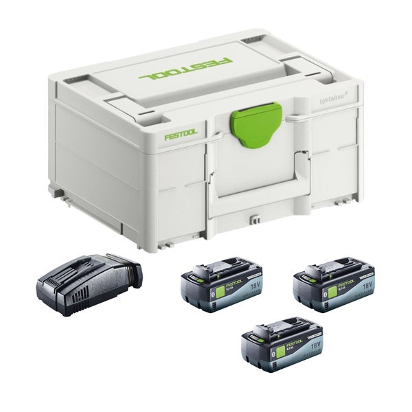 Festool Energie-Set bestehend aus drei 18 Volt Akkupacks mit 8,0 Ah, einem Ladegerät und einem Systainer Werkzeugkoffer.