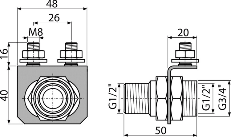 Technische Zeichnung mit Maßen für einen Montageblock, Gewinde M8, G 1/2 Zoll und G 3/4 Zoll, Breite 48 Millimeter, Länge 50 Millimeter.