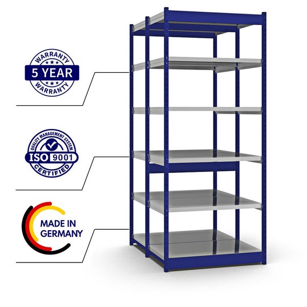 PROREGAL Fachbodenregal Stecksystem Vierkant-Profil Grundregal HxBxT 250 x 102,5 x 60 cm 2x6 Ebenen Doppelseitige Bauart Fachlast 200 kg Enzianblau