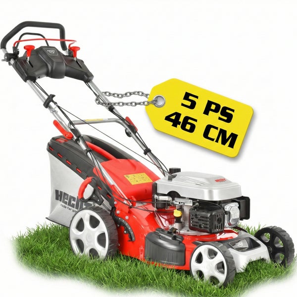 Roter und schwarzer Benzin-Rasenmäher von Hecht mit 5 Pferdestärken und 46 Zentimeter Schnittbreite auf einer Grasfläche.