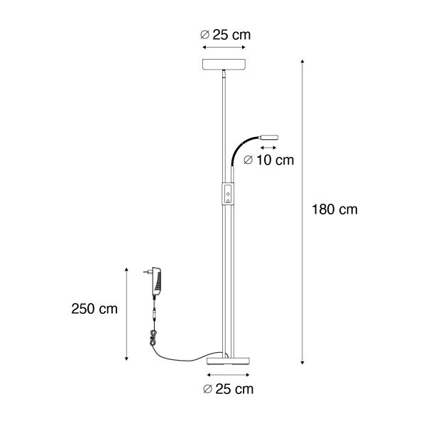 Dimensionszeichnung einer Stehlampe mit den Maßen 25 cm Durchmesser Sockel, 25 cm Durchmesser Lampenschirm, 10 cm Durchmesser Lampenkopf, 180 cm Gesamthöhe und 250 cm Kabellänge