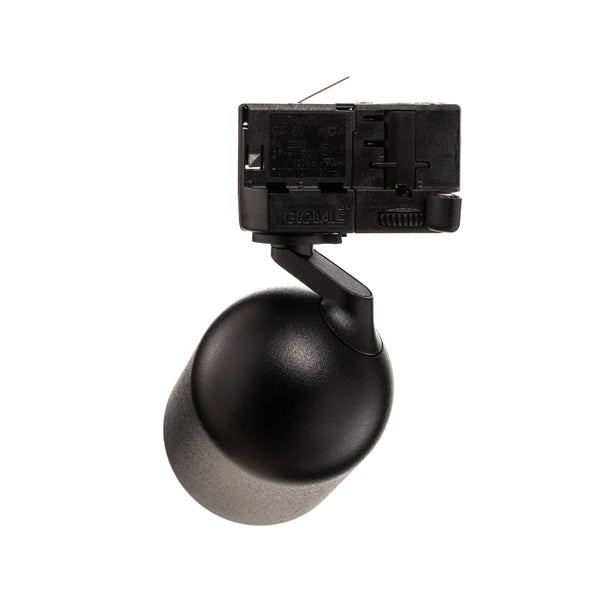 Schwarzer Schienenstrahler mit Multiadapter für Stromschienensysteme.