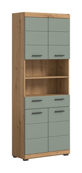 Hoher Mehrzweckschrank mit Einlegeboden, Schubladen und Türen in Holzoptik und matter Oberfläche