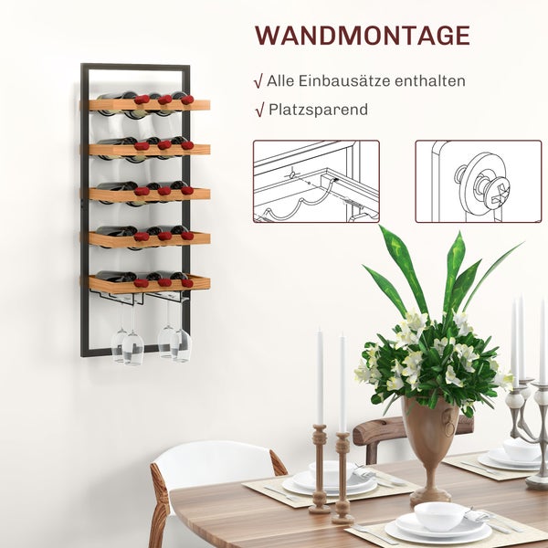 HOMCOM Weinregal Wand Flaschenregal für 15 Flaschen mit 5 Ebenen, Glashaltern Flaschenhalter für Küche, Bar, Esszimmer, Holz Braun