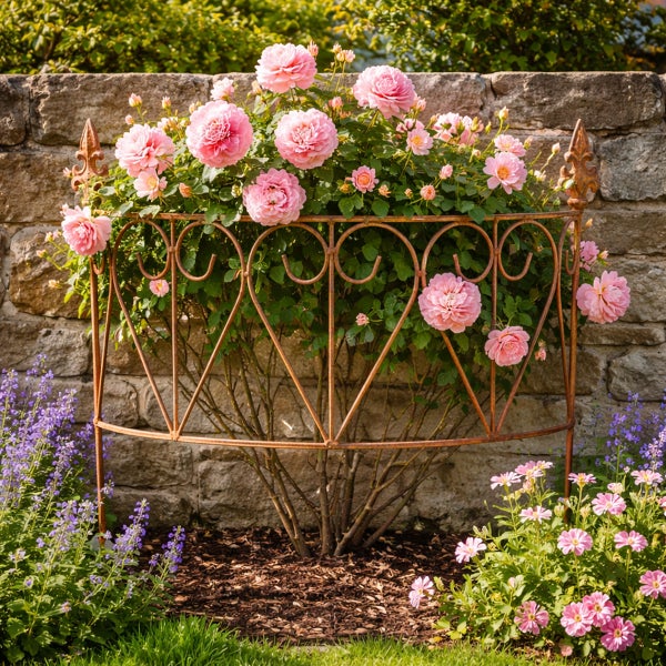 Rose mit Rankhilfe im Gartenbeet vor einer Steinmauer