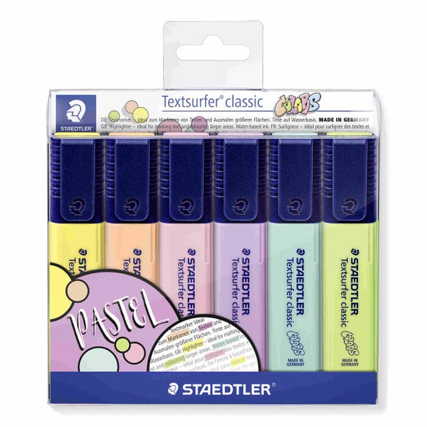 Staedtler Textsurfer classic Textmarker im Set mit 6 Pastellfarben. Tinte auf Wasserbasis zum Markieren und Ausmalen. Staedtler Logo.