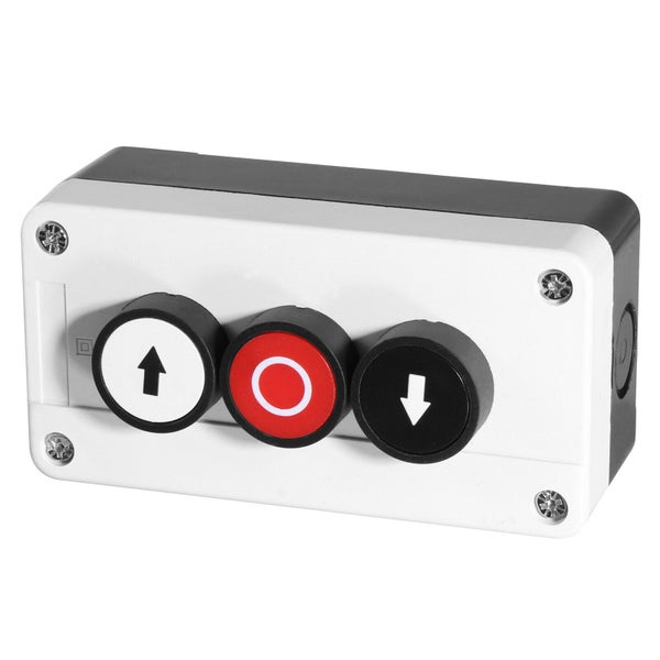Steuereinheit mit drei Drucktasten mit Aufwärtspfeil, Stopp-Symbol und Abwärtspfeil.