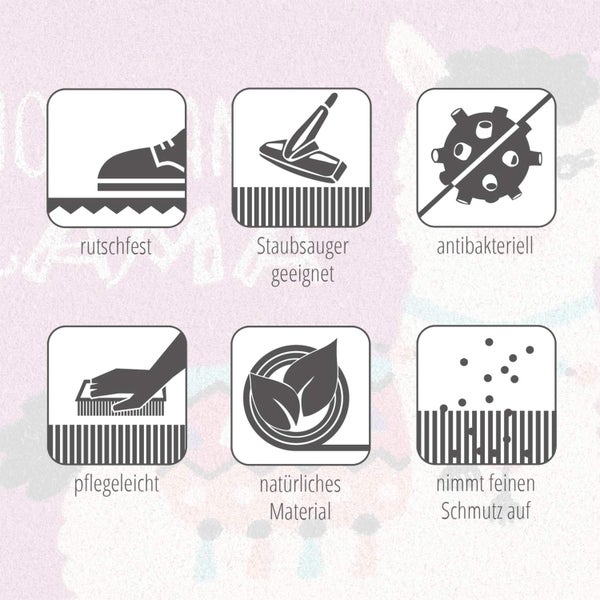 Symbole für Rutschfestigkeit, Staubsauger geeignet, antibakteriell, pflegeleicht, natürliches Material, nimmt feinen Schmutz auf