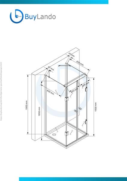 Technische Zeichnung einer Duschkabine mit Maßangaben.