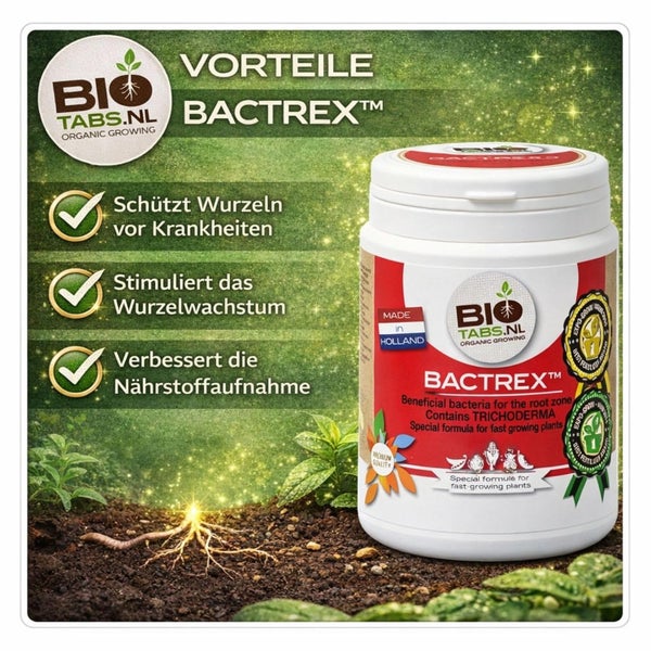 BioTabs Logo, BioTabs Bactrex nützliche Bakterien für Wurzeln, schützt vor Krankheiten, stimuliert Wachstum und verbessert Nährstoffaufnahme.