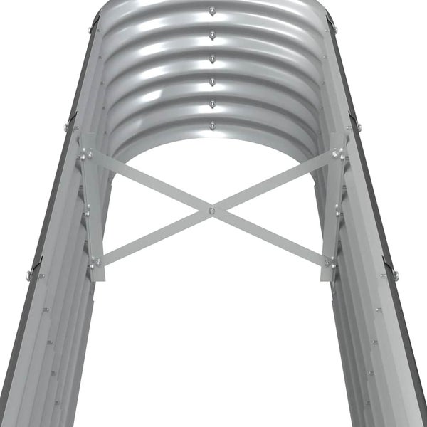 Innenansicht eines Hochbeets aus Metall mit Stabilisierungskreuz und gewellten Wänden.