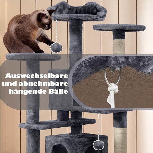 Katze auf grauem Katzenbaum mit austauschbaren hängenden Bällen.