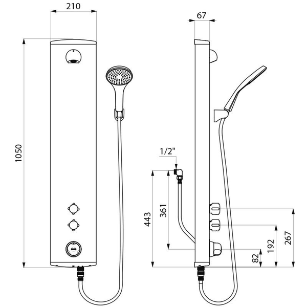 Maßzeichnung eines Duschpaneels mit Handbrause, Front- und Seitenansicht, Maße in Millimetern: Höhe 1050, Breite 210, Tiefe 67.