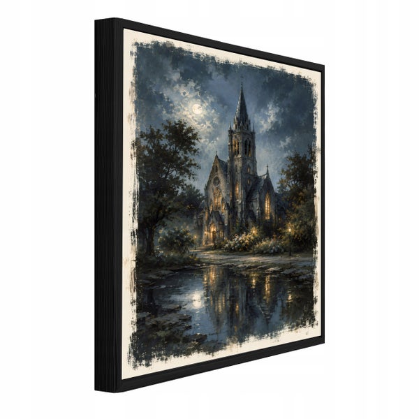 Wandbild mit einer gotischen Kirche bei Vollmond in einem schwarzen Rahmen in perspektivischer Ansicht.