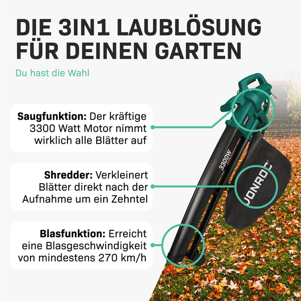 VONROC Laubsauger Elektro 3300W - Laubsammler 3 in 1 Funktion - Blasen 270km/h, Saugen, Zerkleinern - Inkl. 40l Sammelbeutel