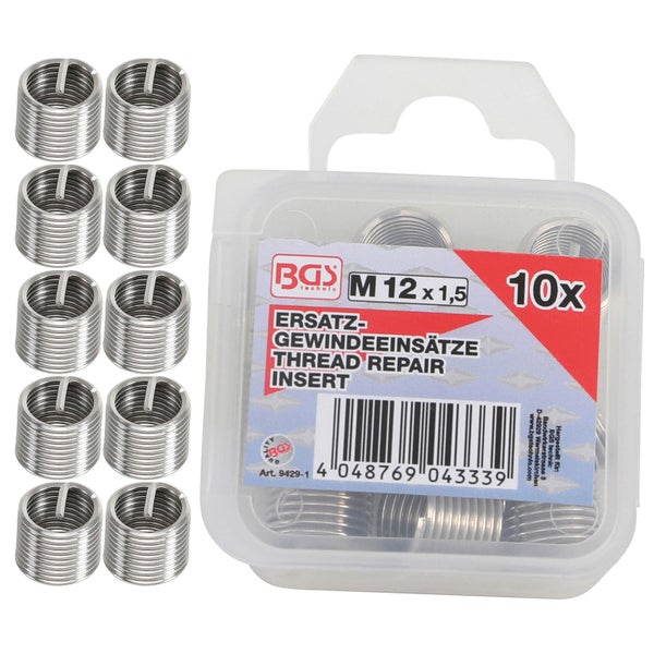 BGS technic Gewindeeinsätze M 12 x 1,5, 10 Stück, im Kunststoffbehälter