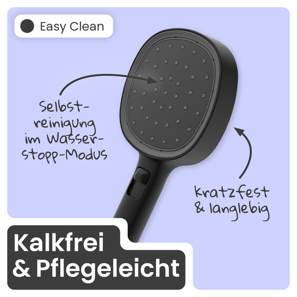 Schwarze Handbrause, Easy Clean, kratzfest, langlebig, kalkfrei und pflegeleicht mit Selbstreinigungsmodus.