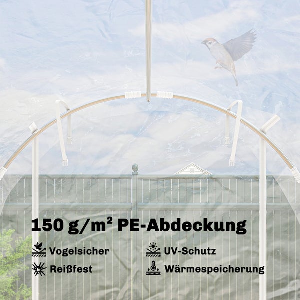 150 Gramm pro Quadratmeter PE-Abdeckung für Gewächshäuser. Eigenschaften sind vogelsicher, UV-Schutz, reißfest und Wärmespeicherung.