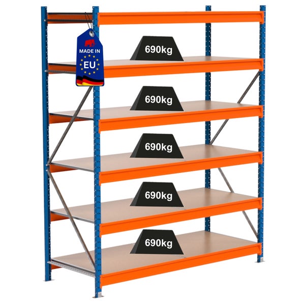 Metallregal mit fünf Ebenen und einer Traglast von 690 Kilogramm pro Ebene, Etikett Made in EU